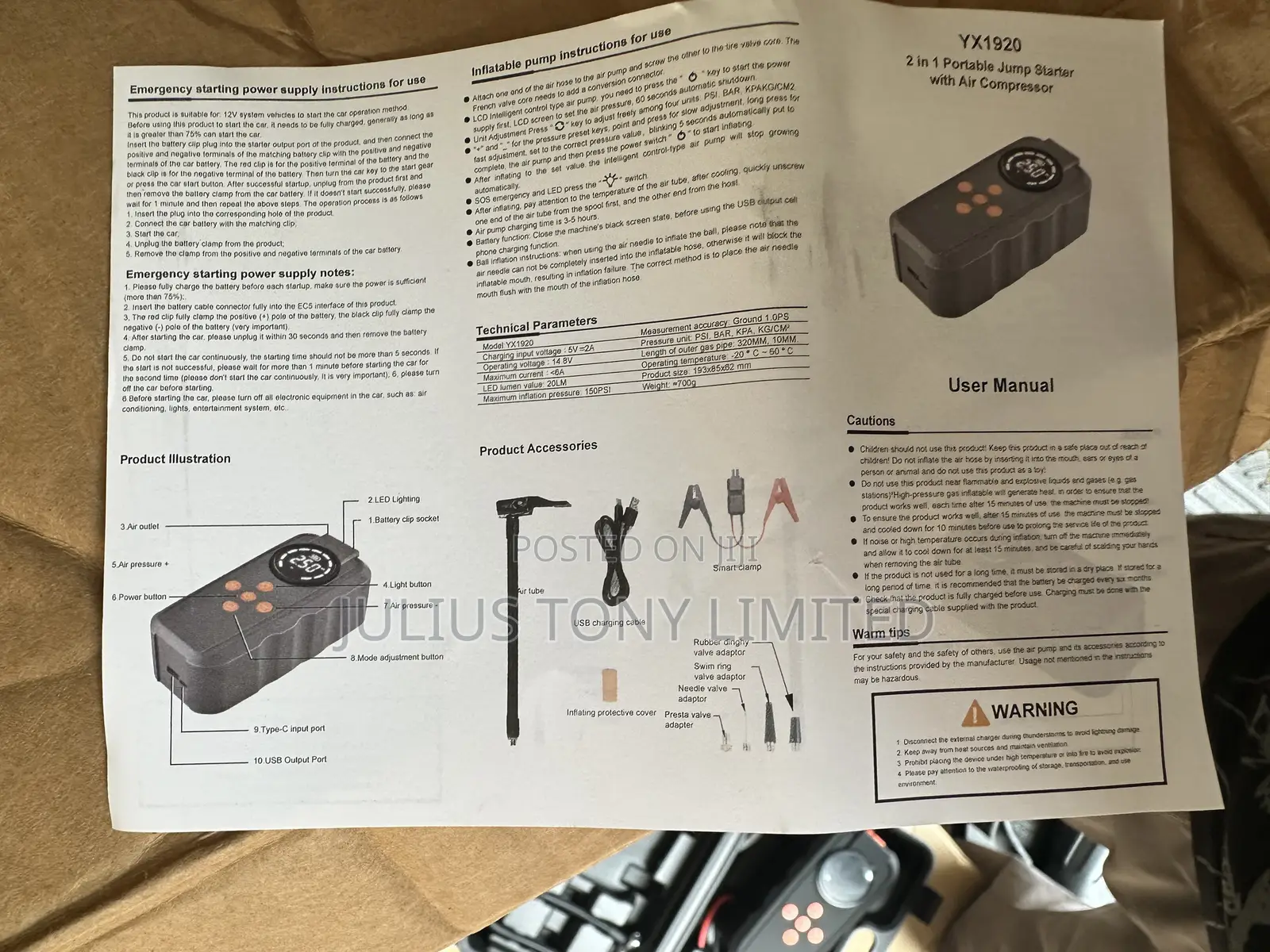 Car Jump Starter Power Bank With Digital Air Compressor, Tyre Inflator