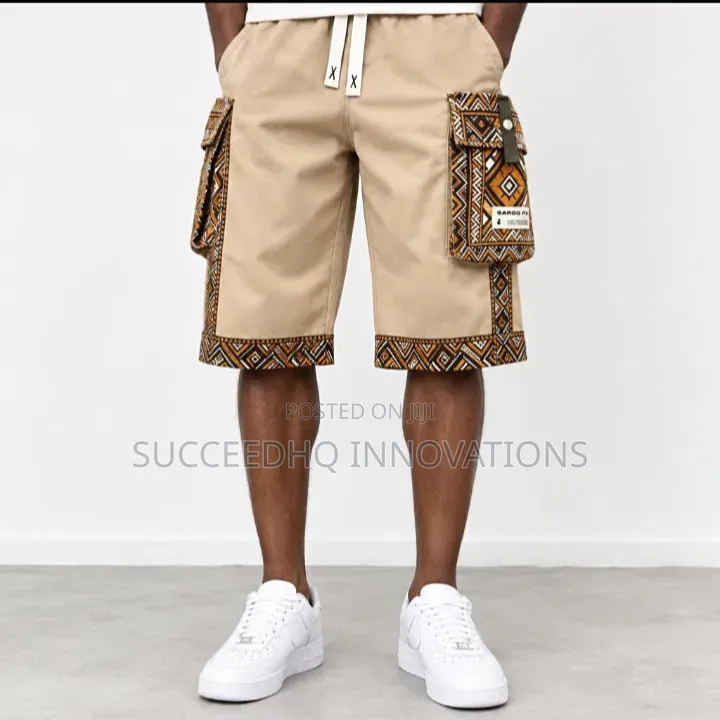 Men's Khaki Cargo Shorts African Print Ankara Tribal Summer Jorts