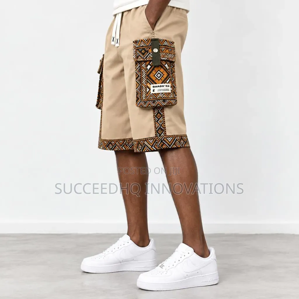 Men's Khaki Cargo Shorts African Print Ankara Tribal Summer Jorts
