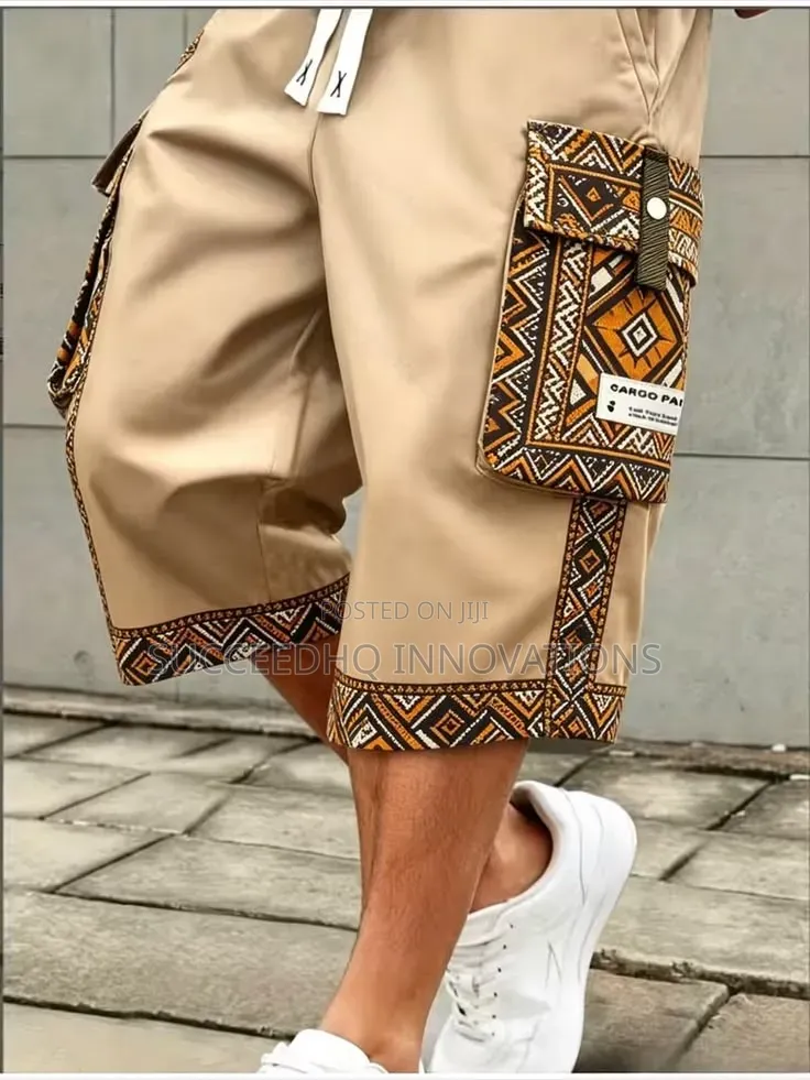 Men's Khaki Cargo Shorts African Print Ankara Tribal Summer Jorts