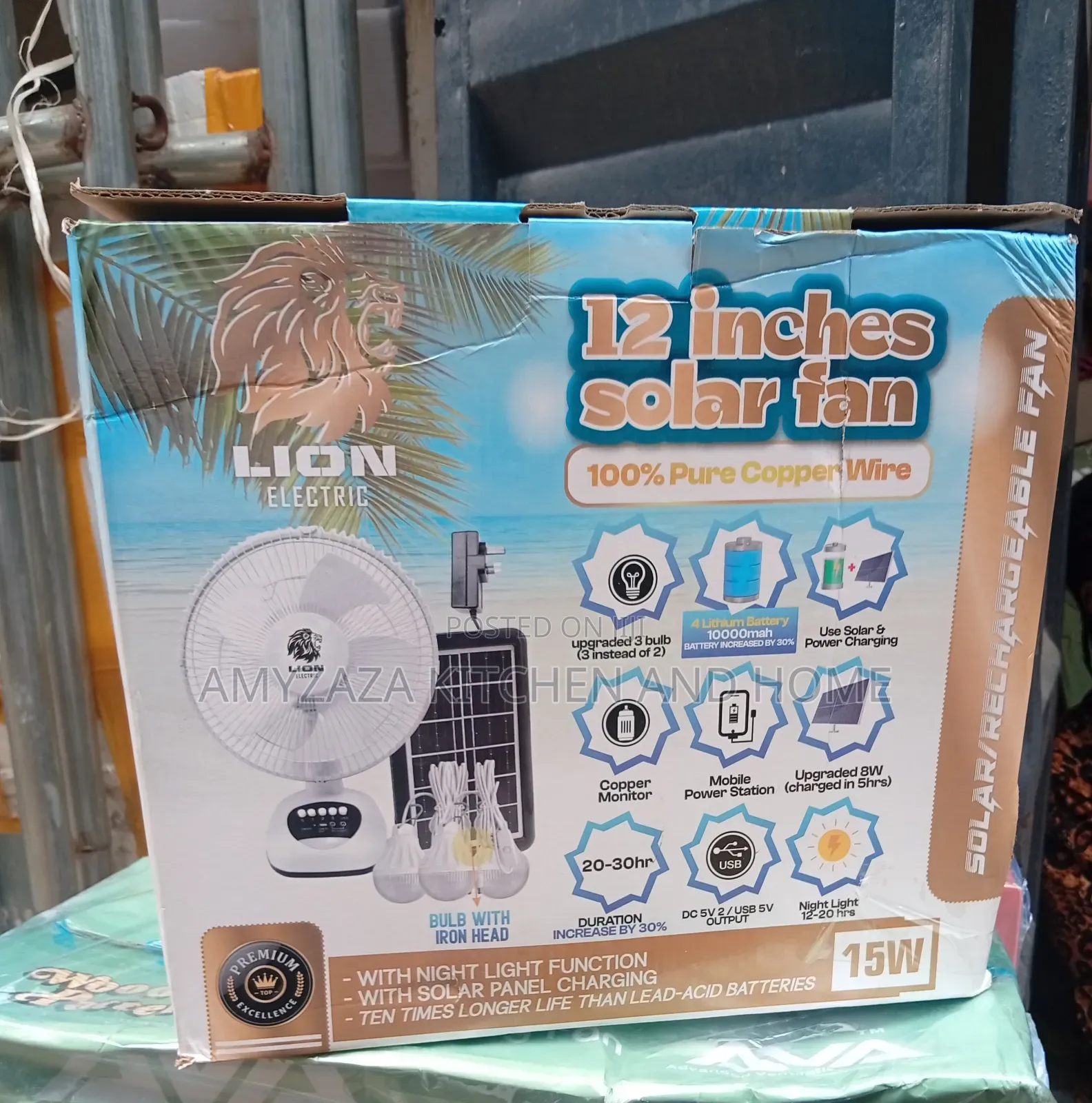 Lion Electric 12-Inch Solar Rechargeable Fan,