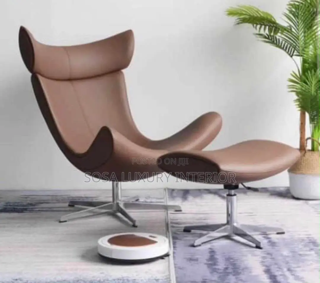 Brand New Brown Leather High Back Lounge Chair With Ottoman