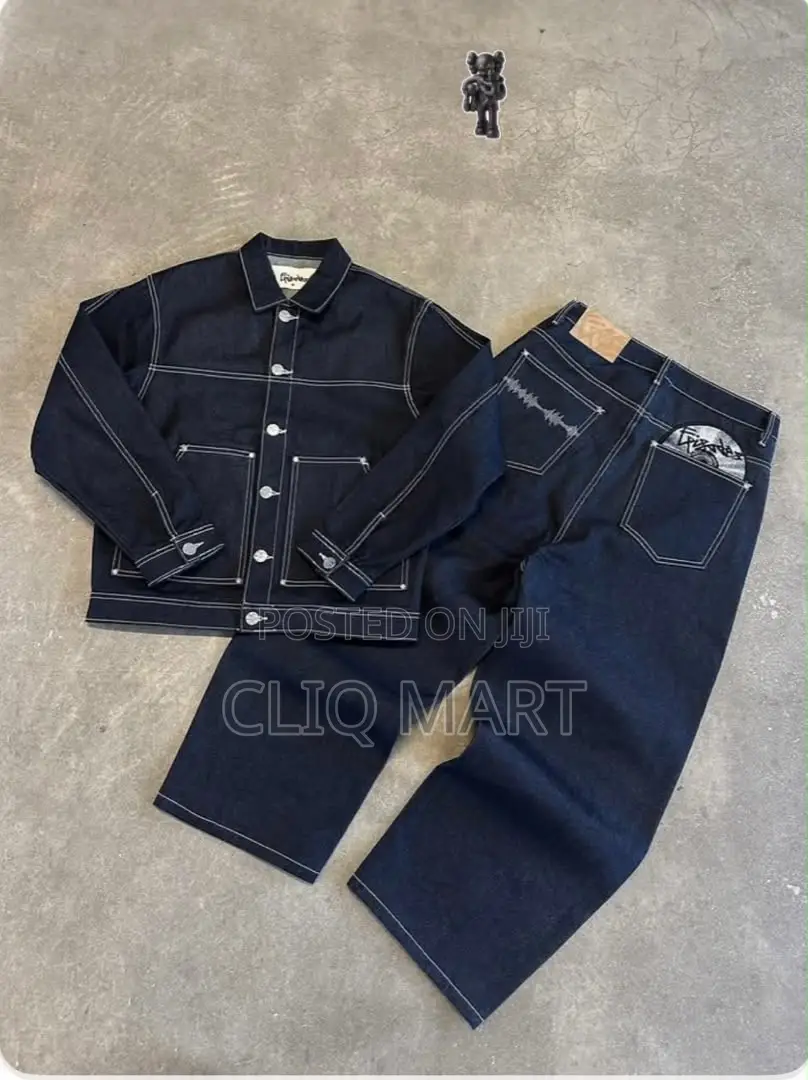 Contrast-Stitch Denim Jacket & Wide-Leg Trouser Set