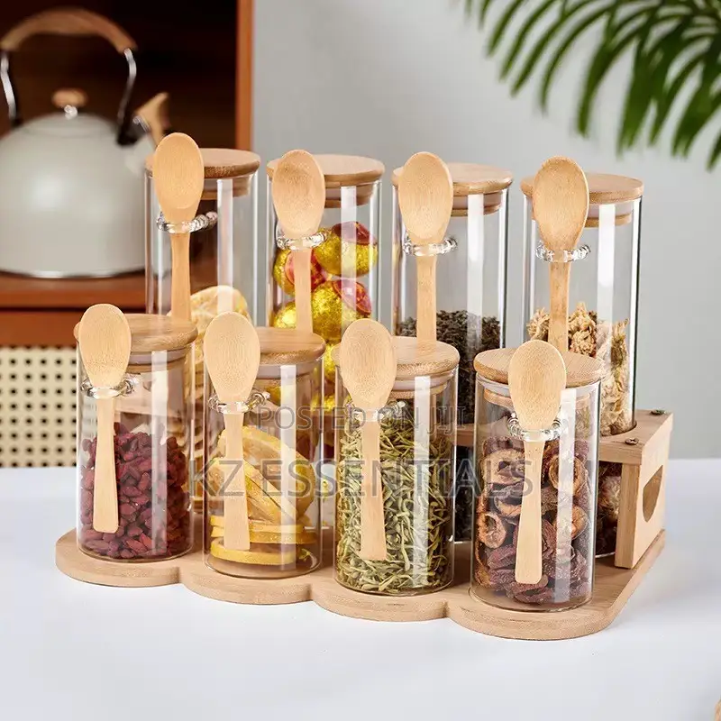 Glass Spice Jar Set With Wooden Rack and Spoons