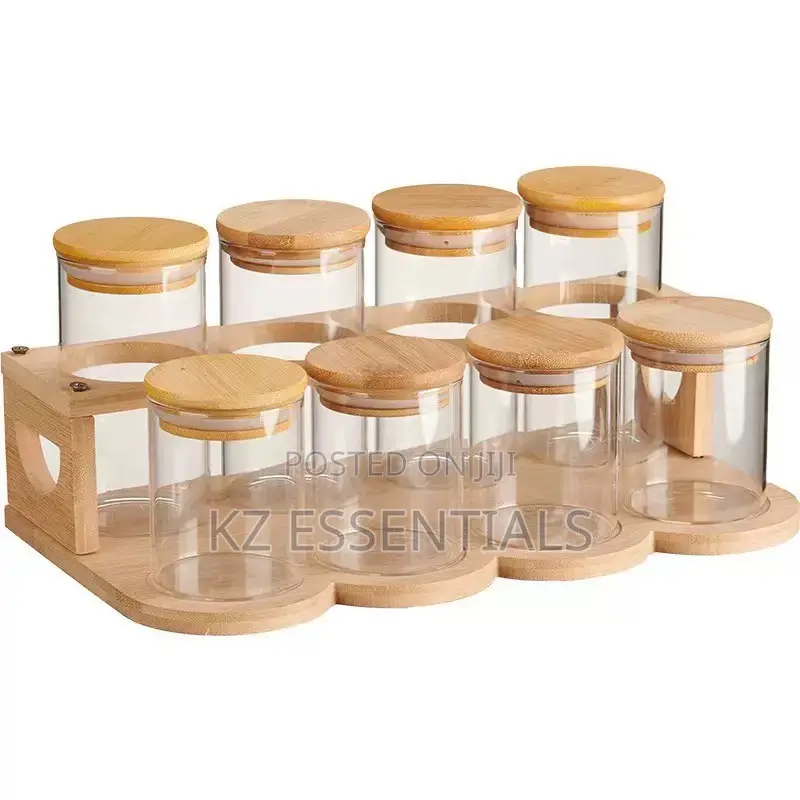 Glass Spice Jar Set With Wooden Rack and Spoons