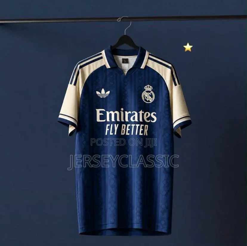 Real Madrid Navy Blue Retro Football Jersey – Cream Edition