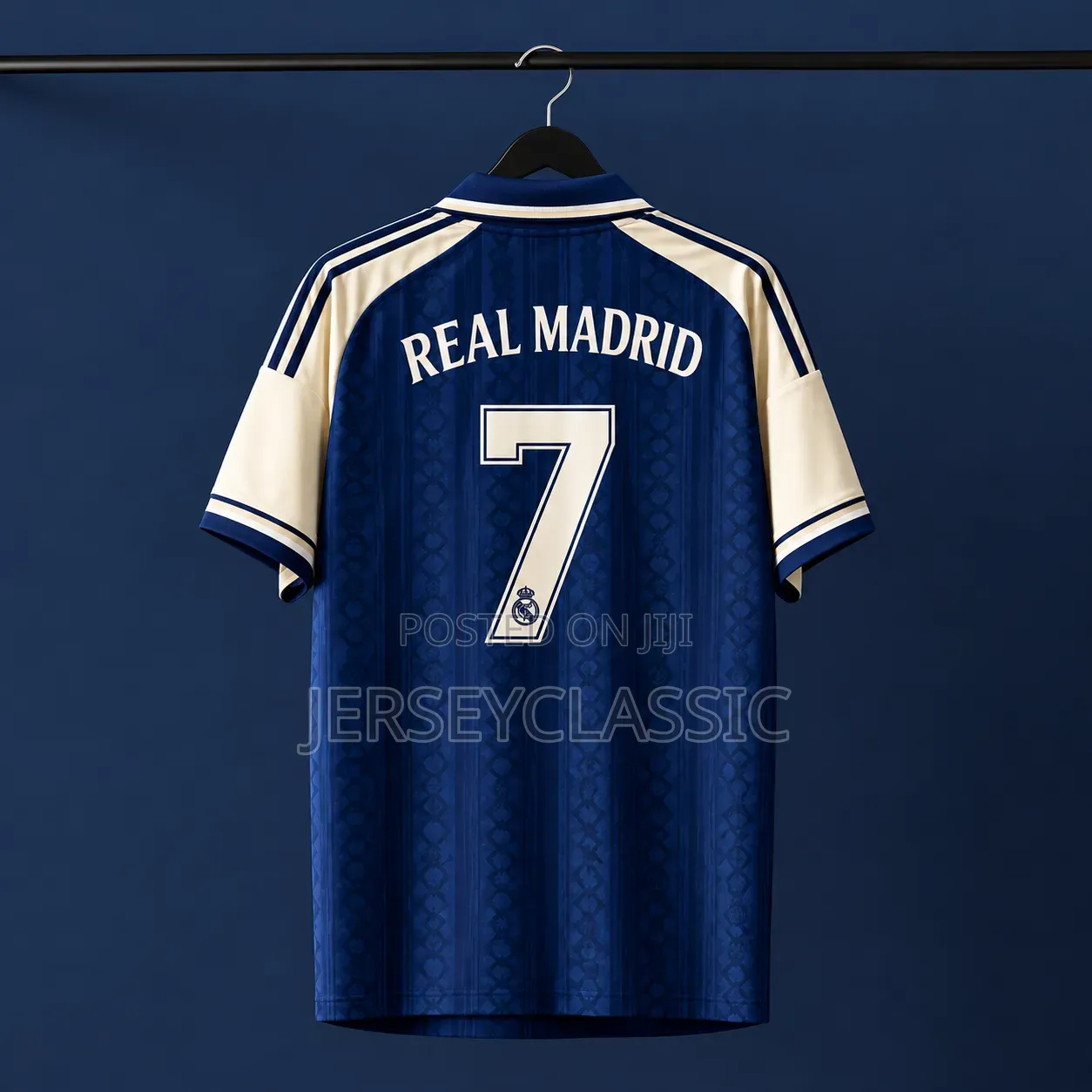 Real Madrid Navy Blue Retro Football Jersey – Cream Edition