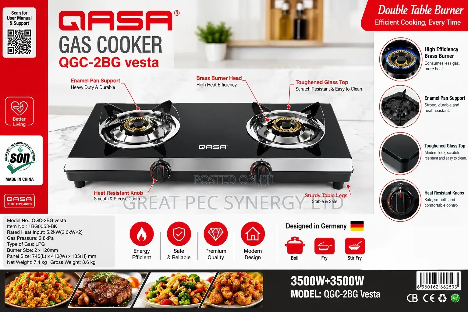 2 Burner Built in Glass Cooker - Glass Black