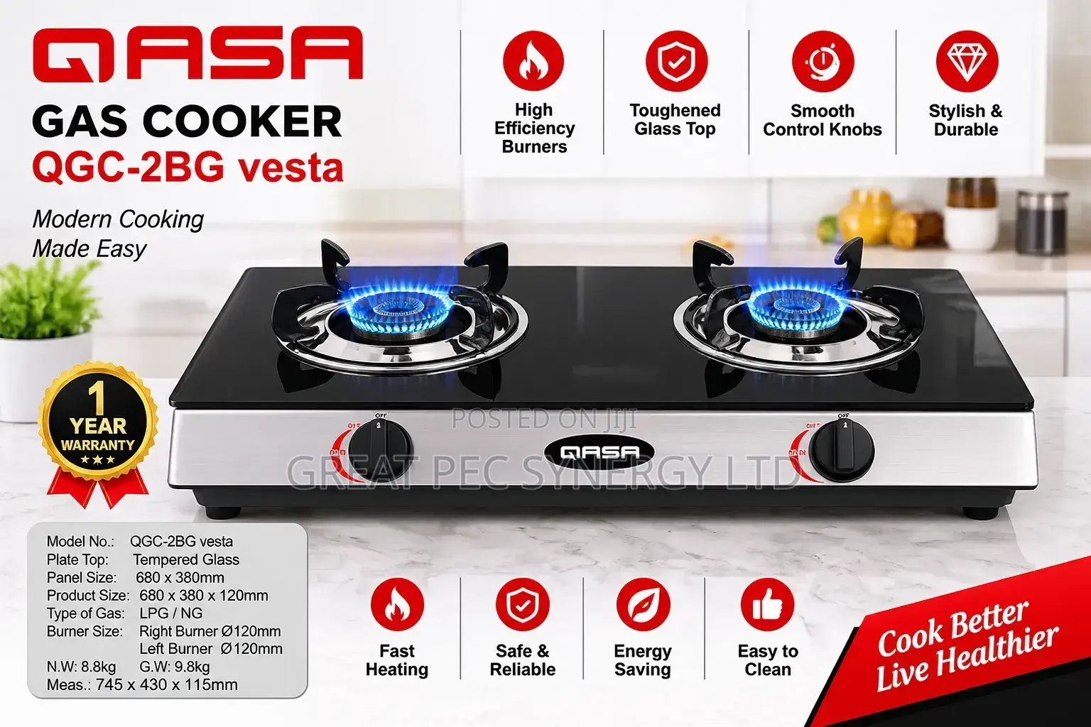 2 Burner Built in Glass Cooker - Glass Black