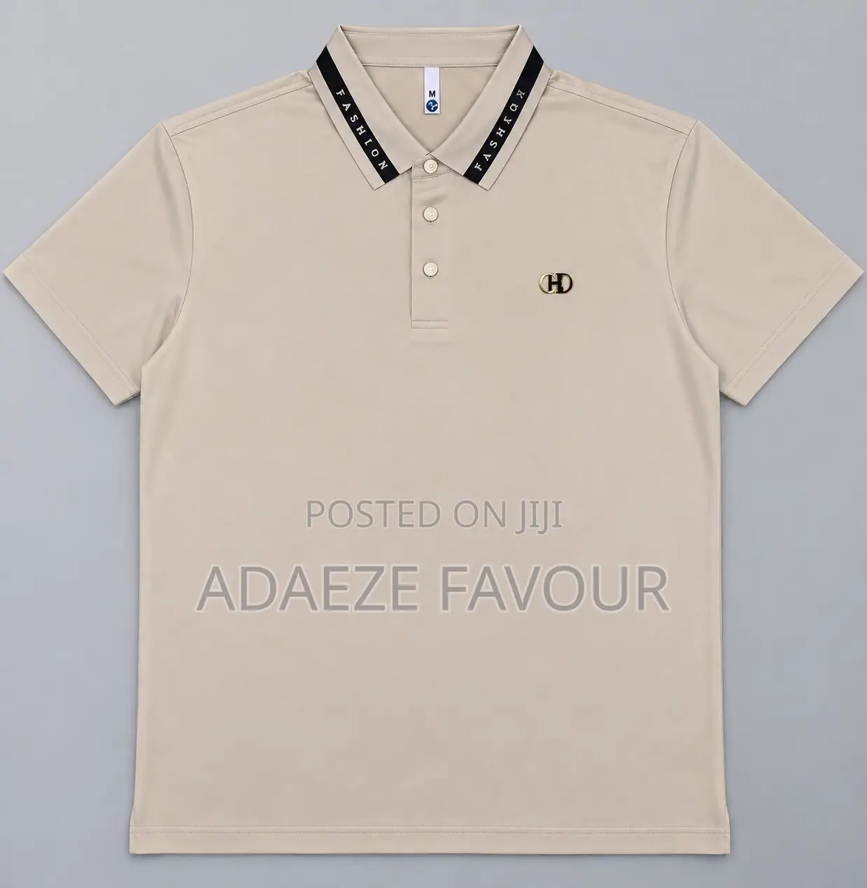 Men’s Beige Polo Shirt With Black Collar Detail and Gold Chest Logo