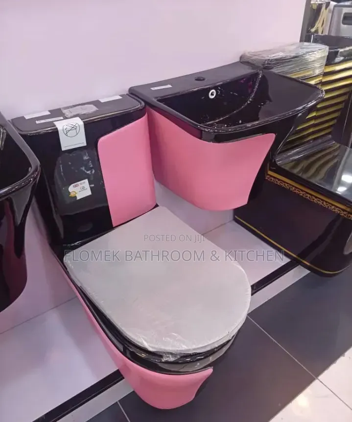Luxury Pink & Black Water Closet With Matching Wash Hand Basin.