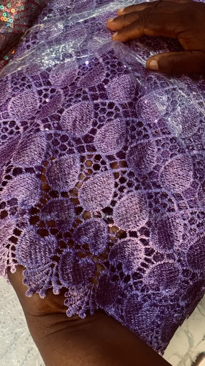 Purple Lilac Cord Lace Fabric With Sequins, 5 Yards