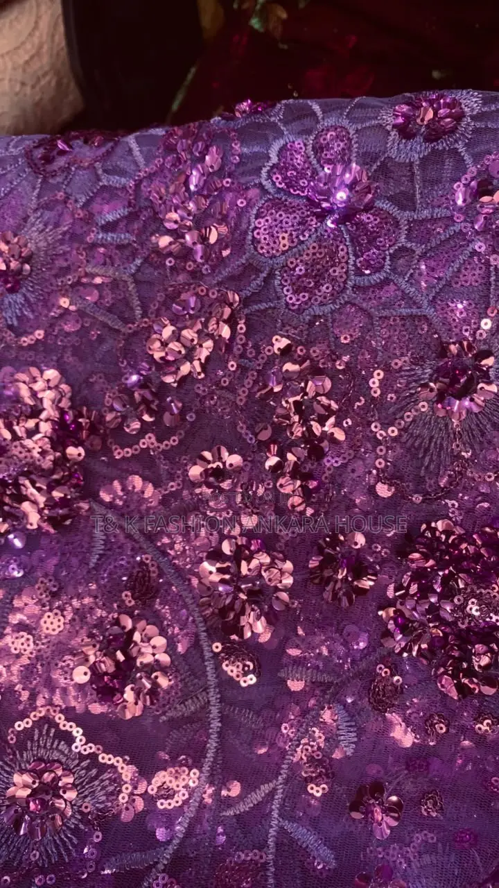 Purple Sequin Floral Embroidery Net Lace, [5] Yards