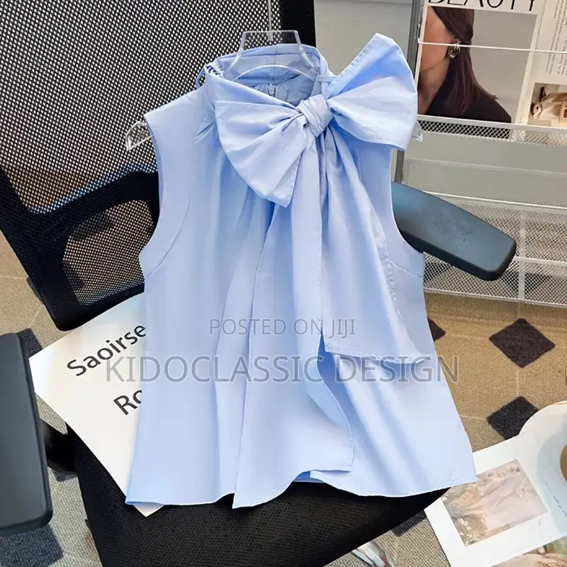 Women Bow Tie Blue Tops