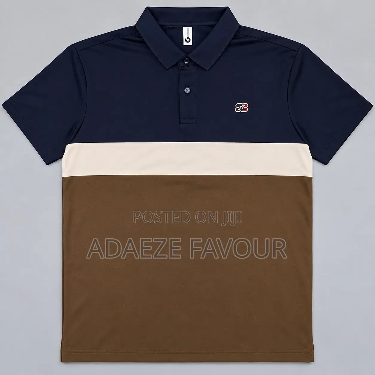 Men’s Navy Blue, Cream and Brown Colour-Block Short Sleeve Polo Shirt
