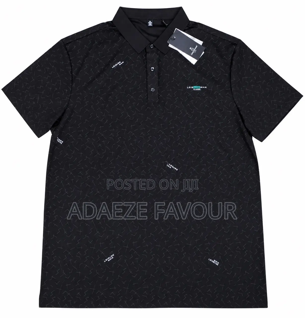 Men’s Black Patterned Short-Sleeve Polo Shirt With Button Collar
