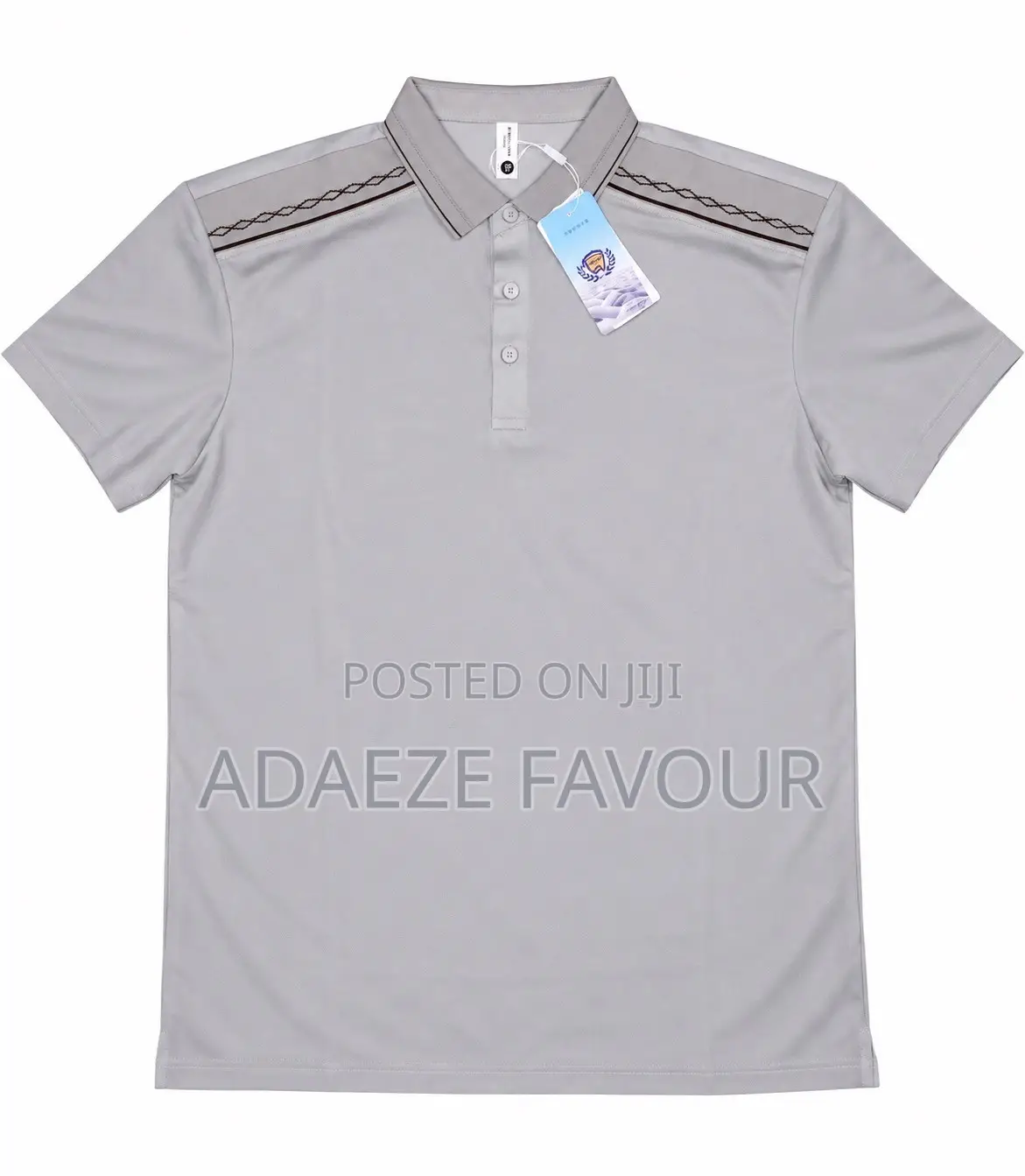 Men’s Grey Polo Shirt With Brown Embroidered Shoulder Stripes