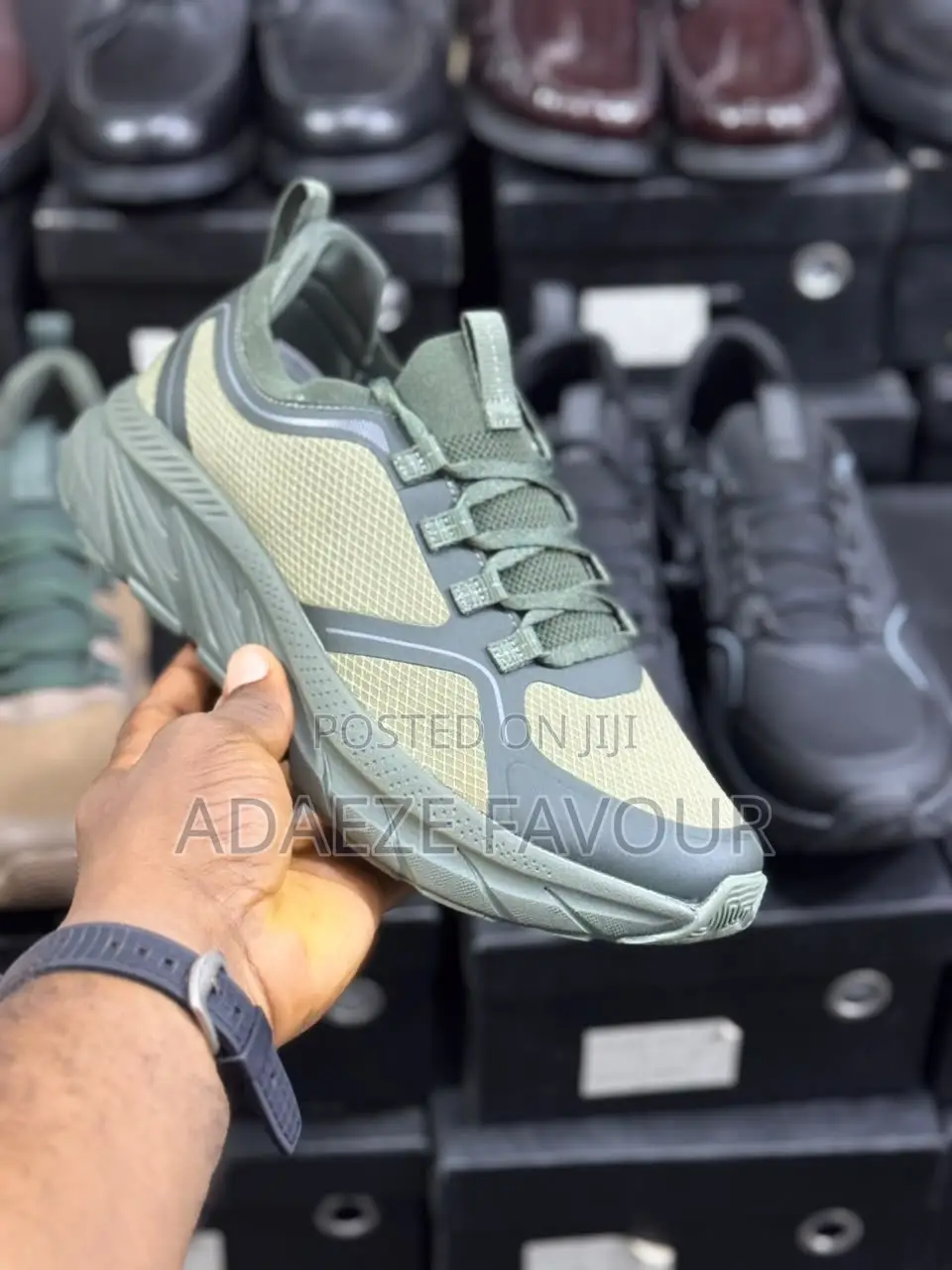 Men’s Olive Green and Grey Mesh Lace-Up Sneakers With Chunky Sole