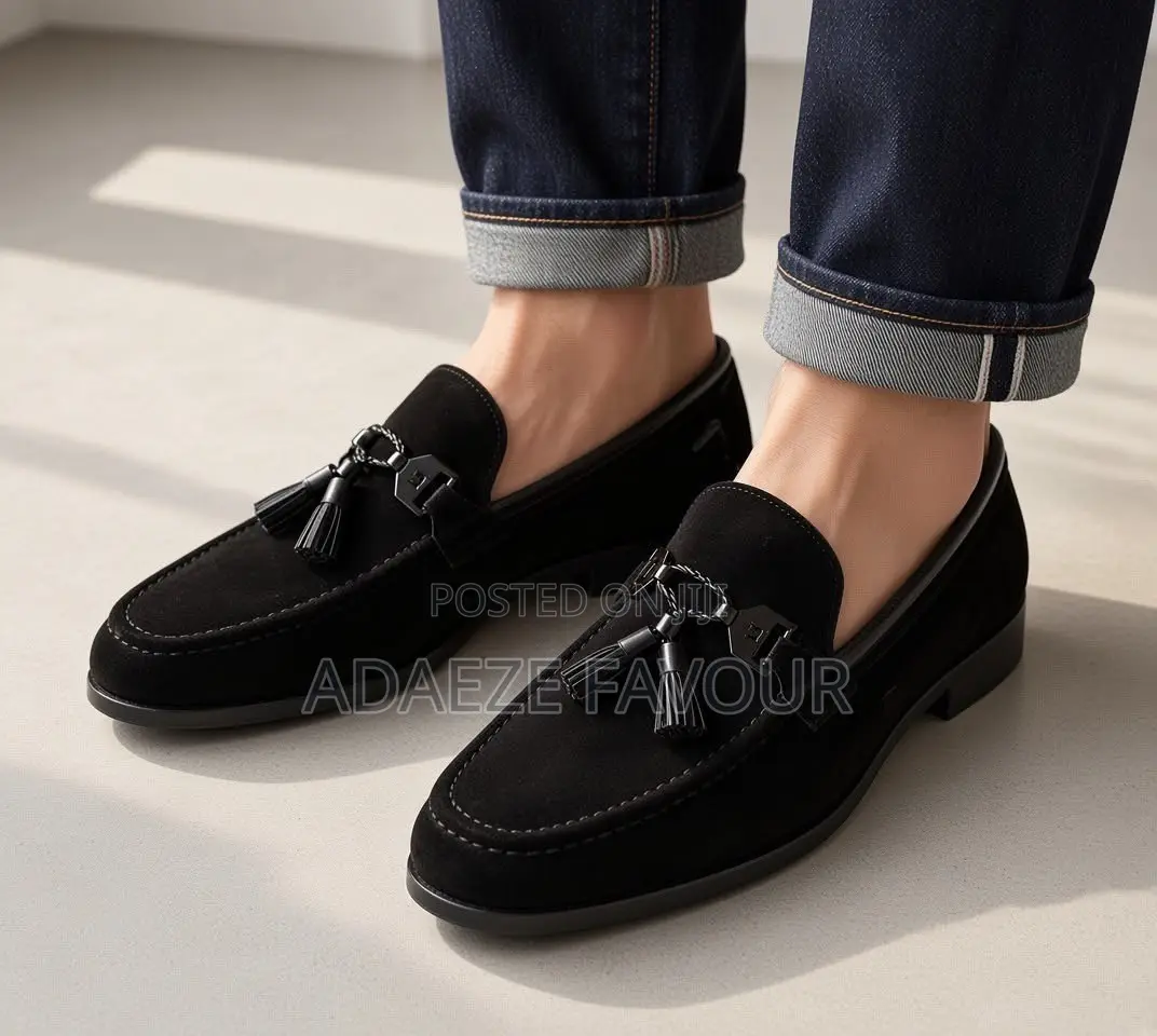 Men’s Burgundy Suede Tassel Loafers With Metal Detail and Black Sole