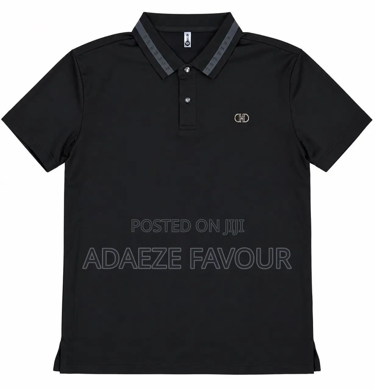 Men’s Black Polo Shirt With Patterned Collar and Metallic Logo