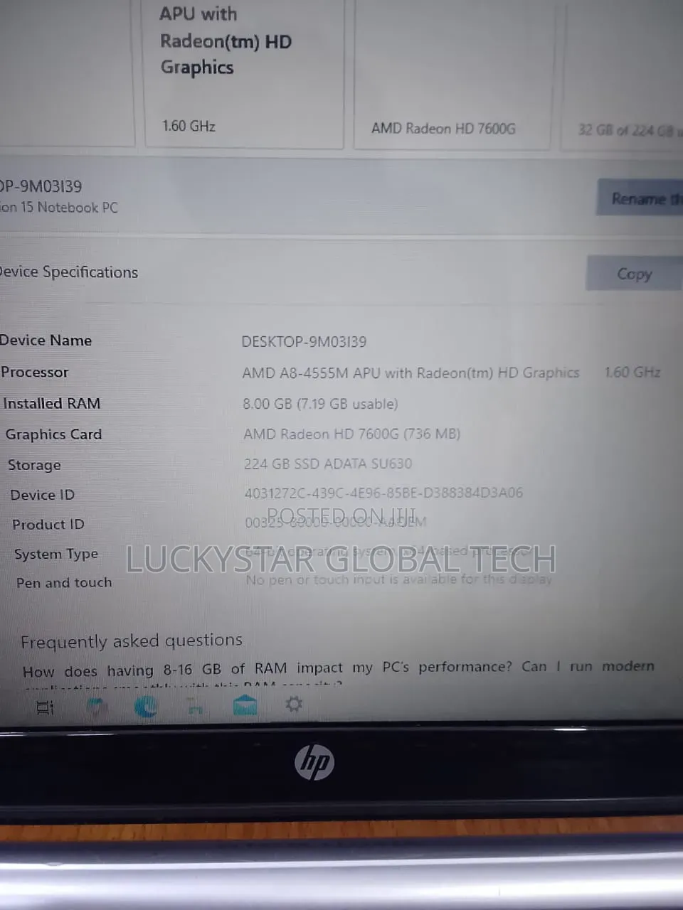 Laptop HP 15 8GB AMD A8 SSD 128GB