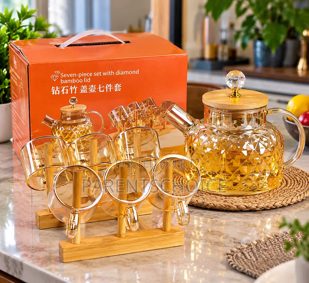 Glass Jug Set With Bamboo Lid /Glass Teapot, 6 PCS Cup Set With Bamboo