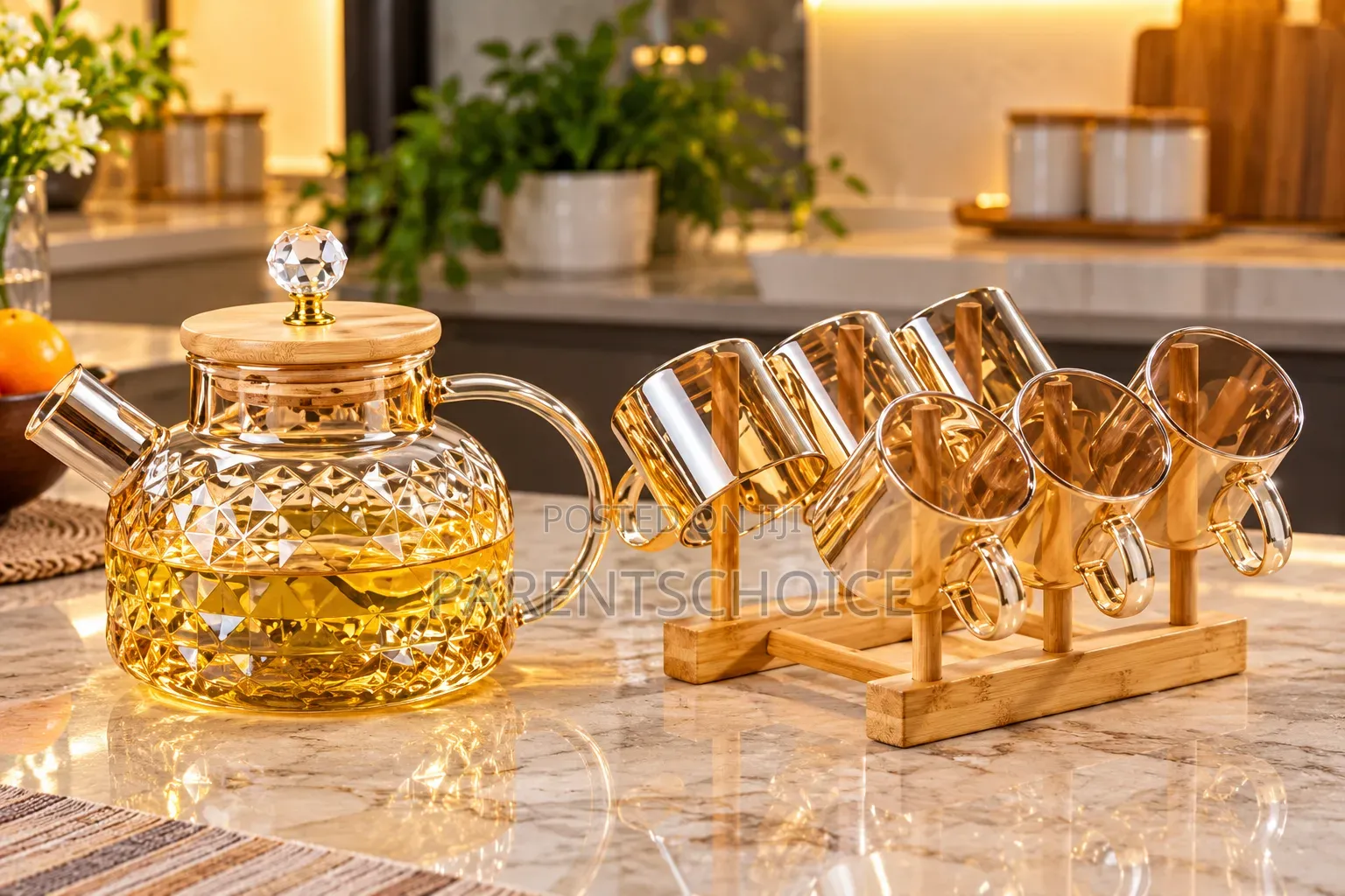 Glass Jug Set With Bamboo Lid /Glass Teapot, 6 PCS Cup Set With Bamboo