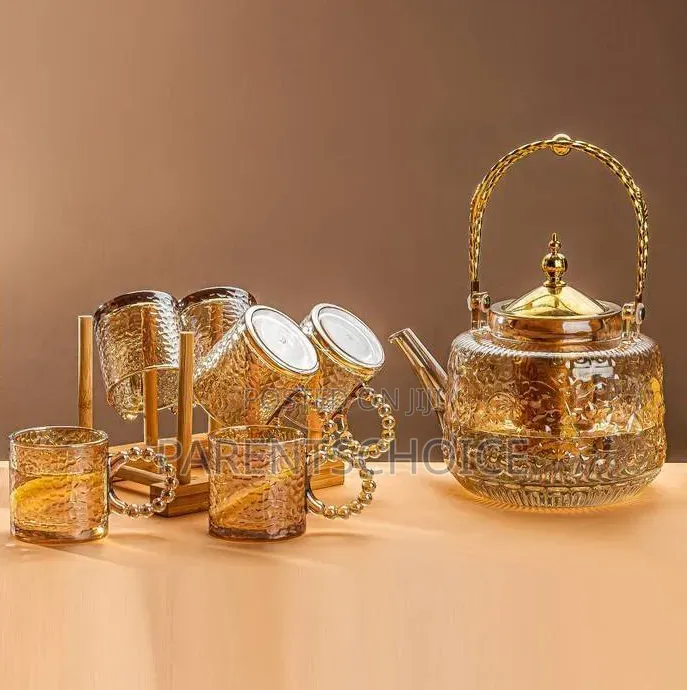 Transparent Amber Wave Lines 7 Piece Glass Tea Pot Cup Set
