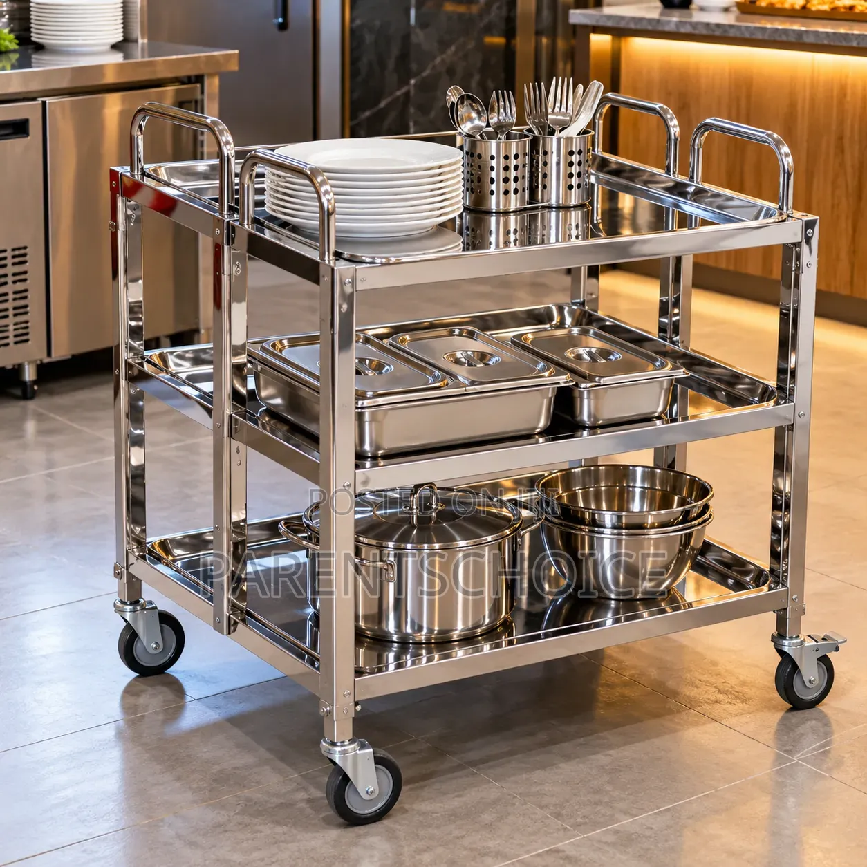 Stainless Steel Foldable Trolley Catering Cart – 3 Layers