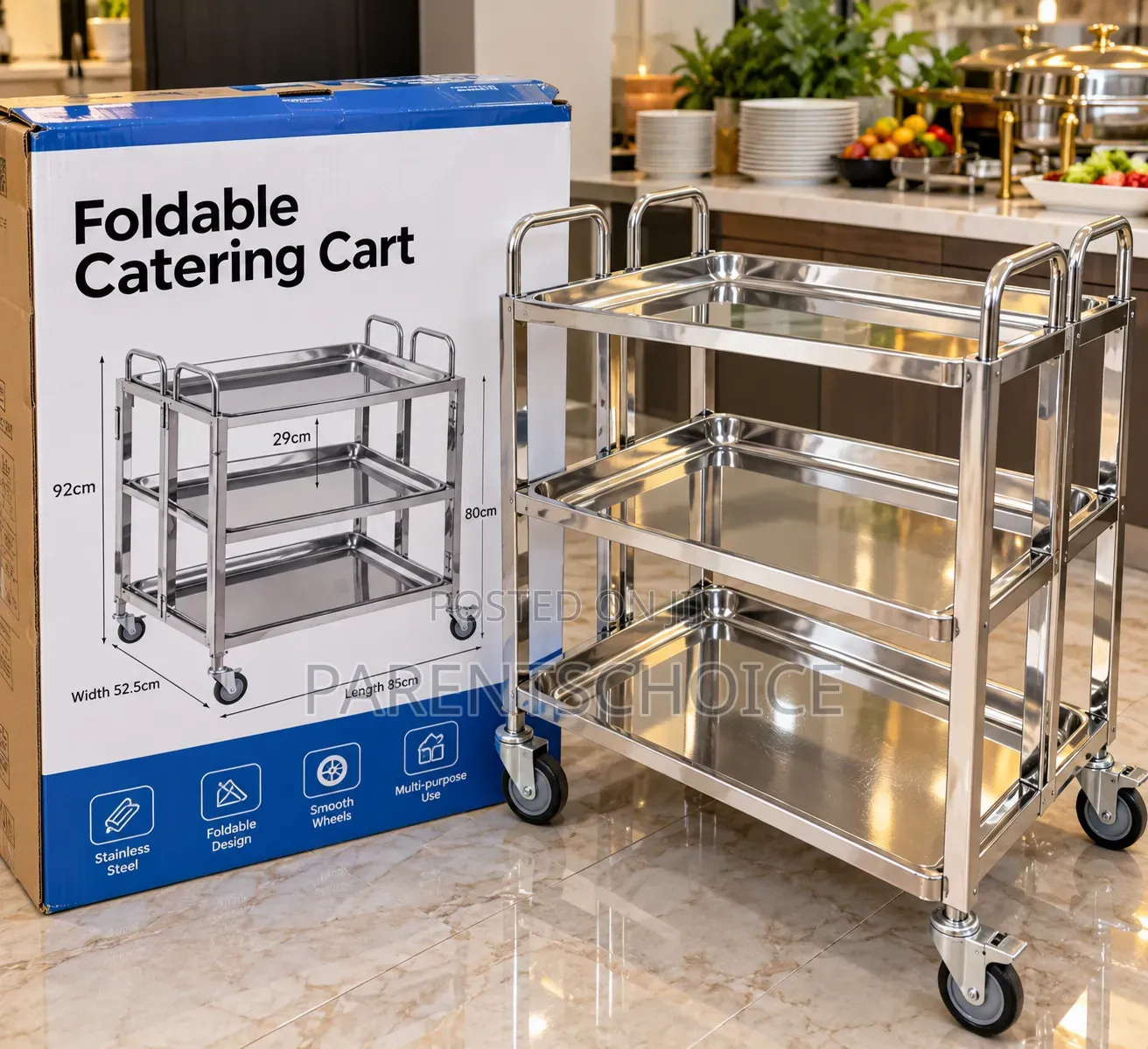 Stainless Steel Foldable Trolley Catering Cart – 3 Layers