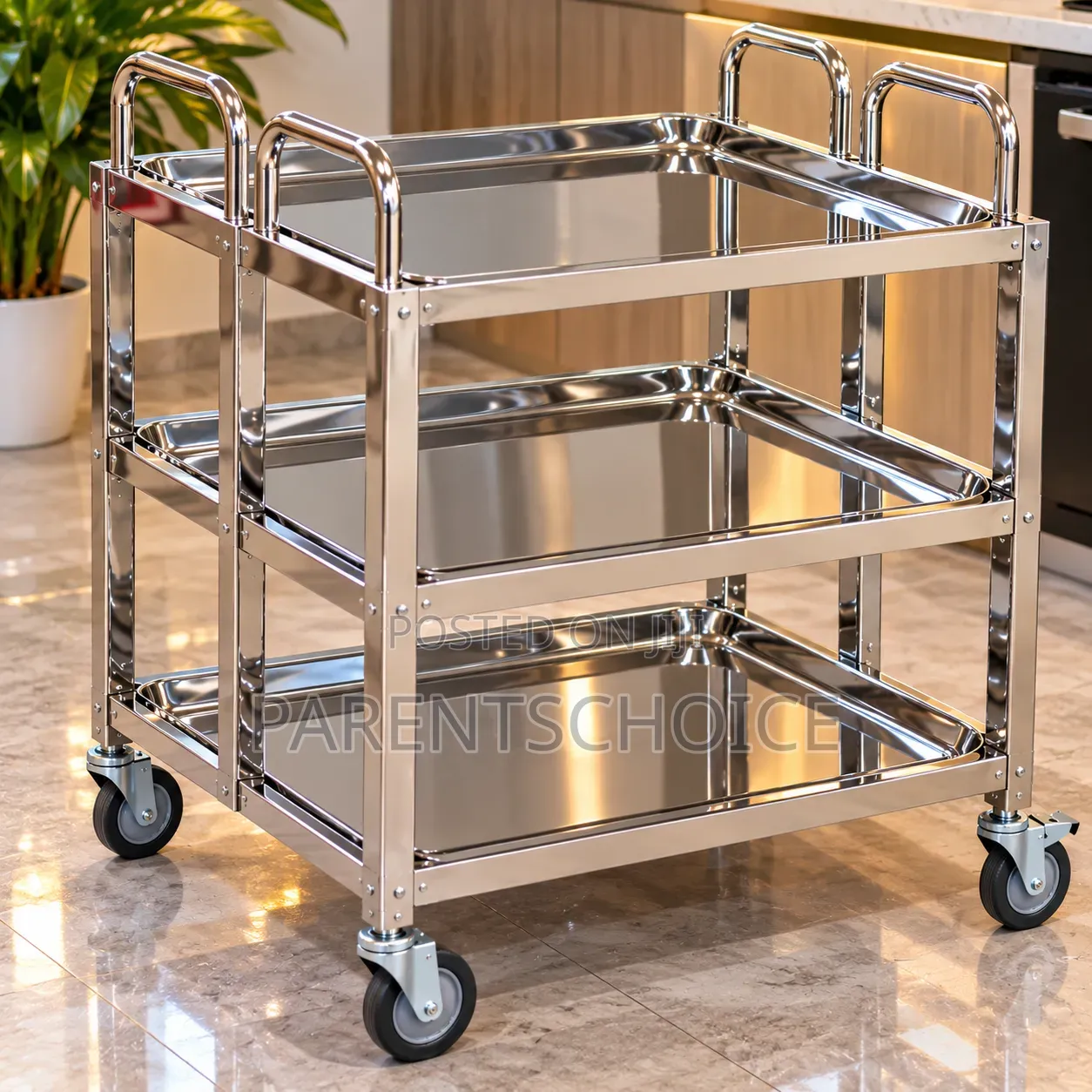 Stainless Steel Foldable Trolley Catering Cart – 3 Layers