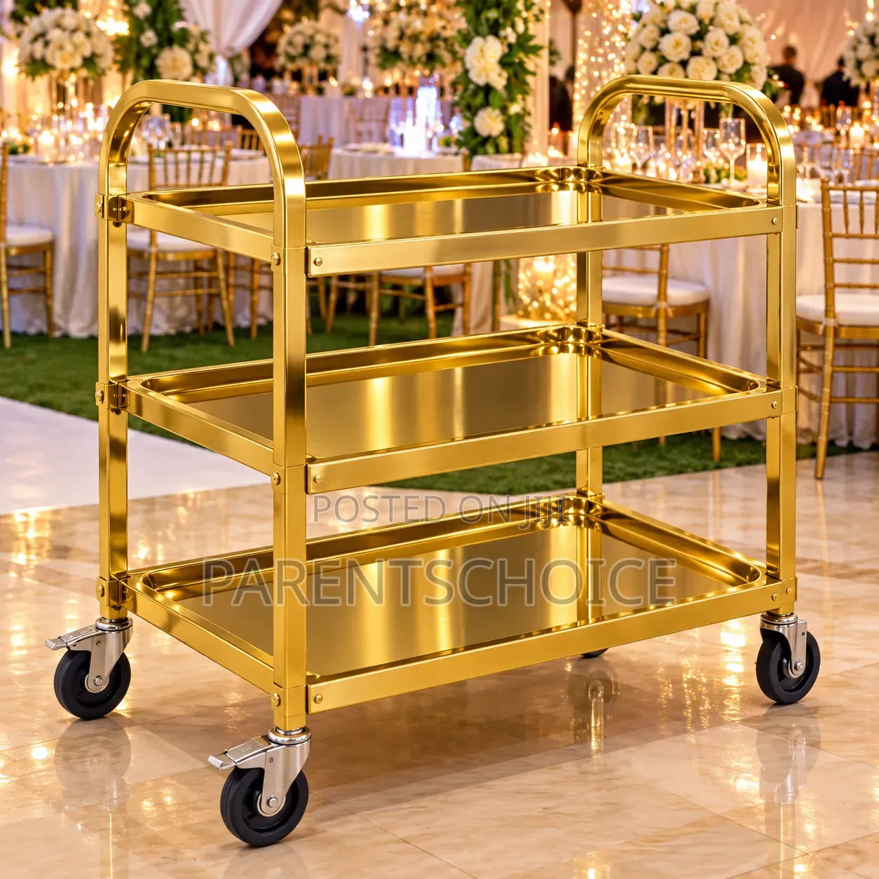 Gold 3-Layer Titanium Serving Trolley – Luxury Event & Catering Cart