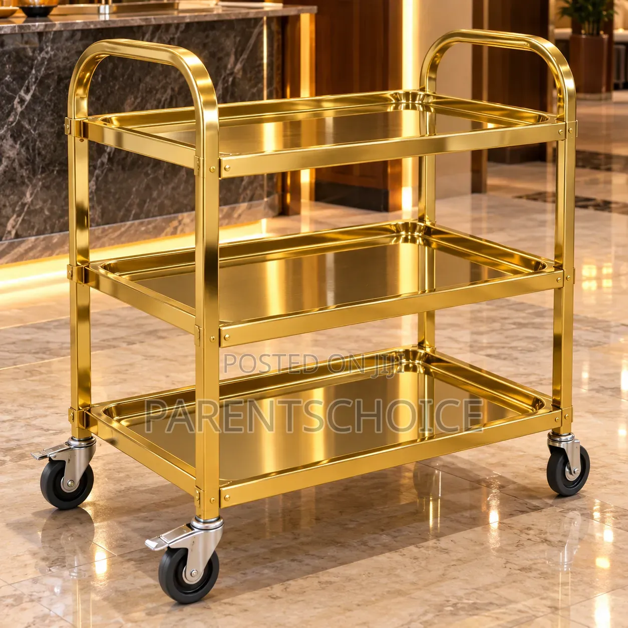 Gold 3-Layer Titanium Serving Trolley – Luxury Event & Catering Cart
