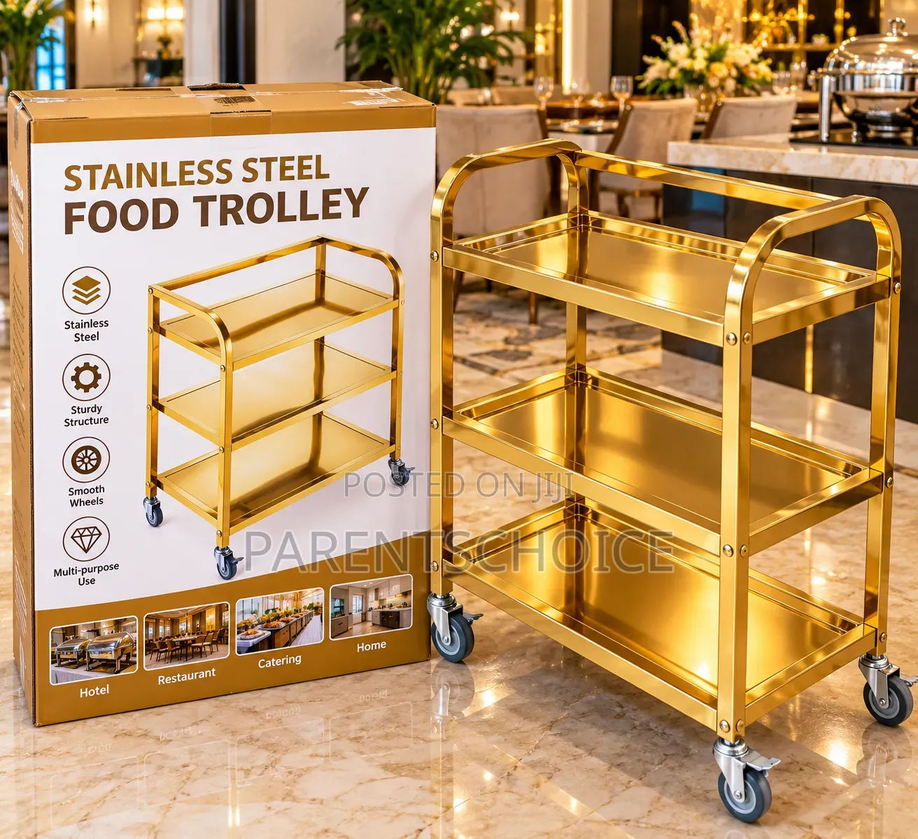 Stainless Steel Gold 3 Layer Food Trolley