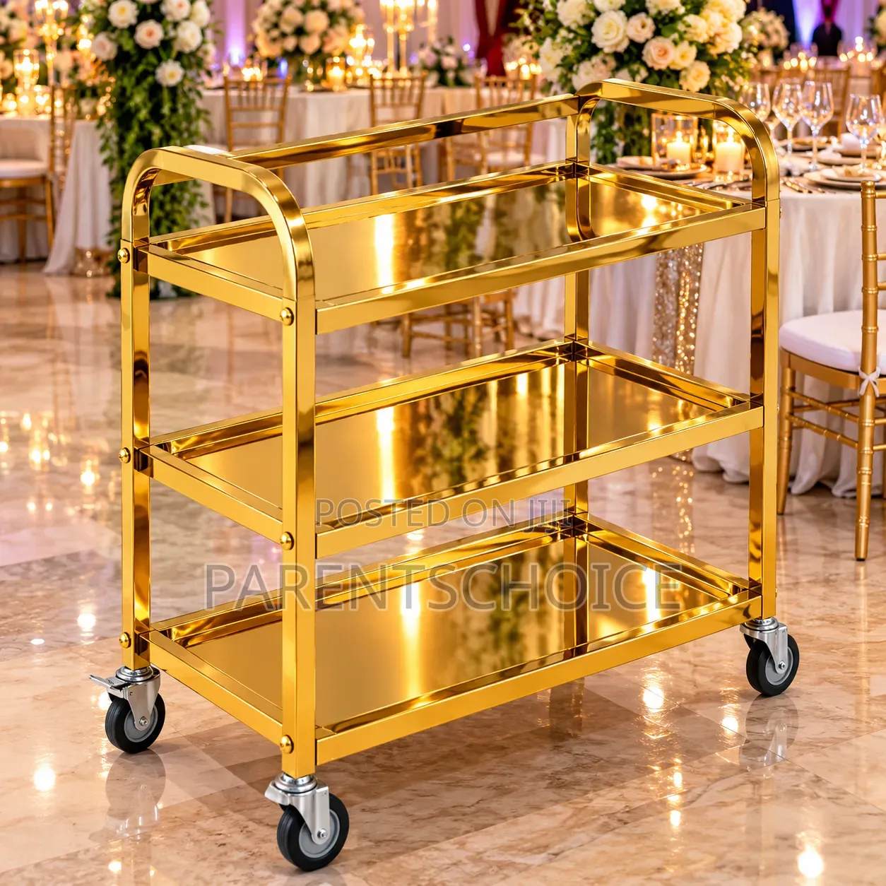 Stainless Steel Gold 3 Layer Food Trolley