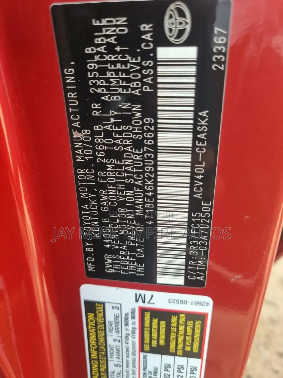 Toyota Camry SE 4dr Sedan (2.4L 4cyl 5A) 2008 Red