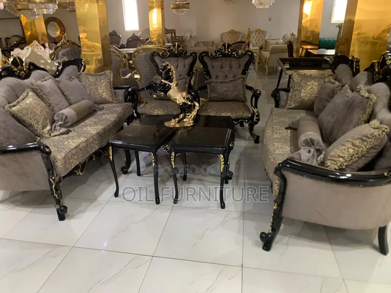 Luxury Turkish Royal Carved Sofa Set With Center Table & Side Stools