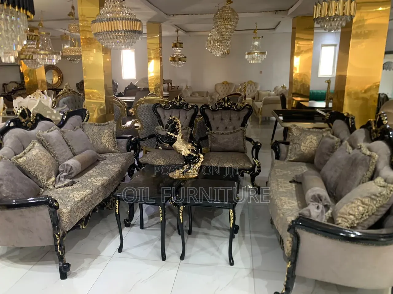 Luxury Turkish Royal Carved Sofa Set With Center Table & Side Stools