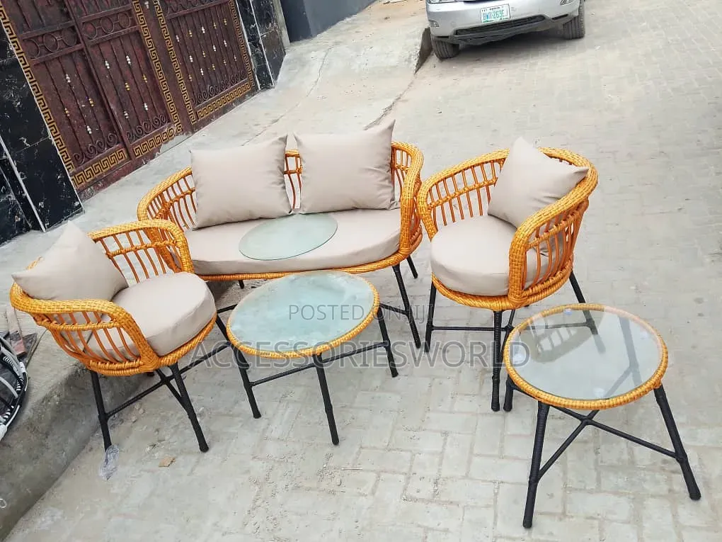 Nordic Rattan Outdoor Sofa Chairs and Glass Table Set - 6 Piece