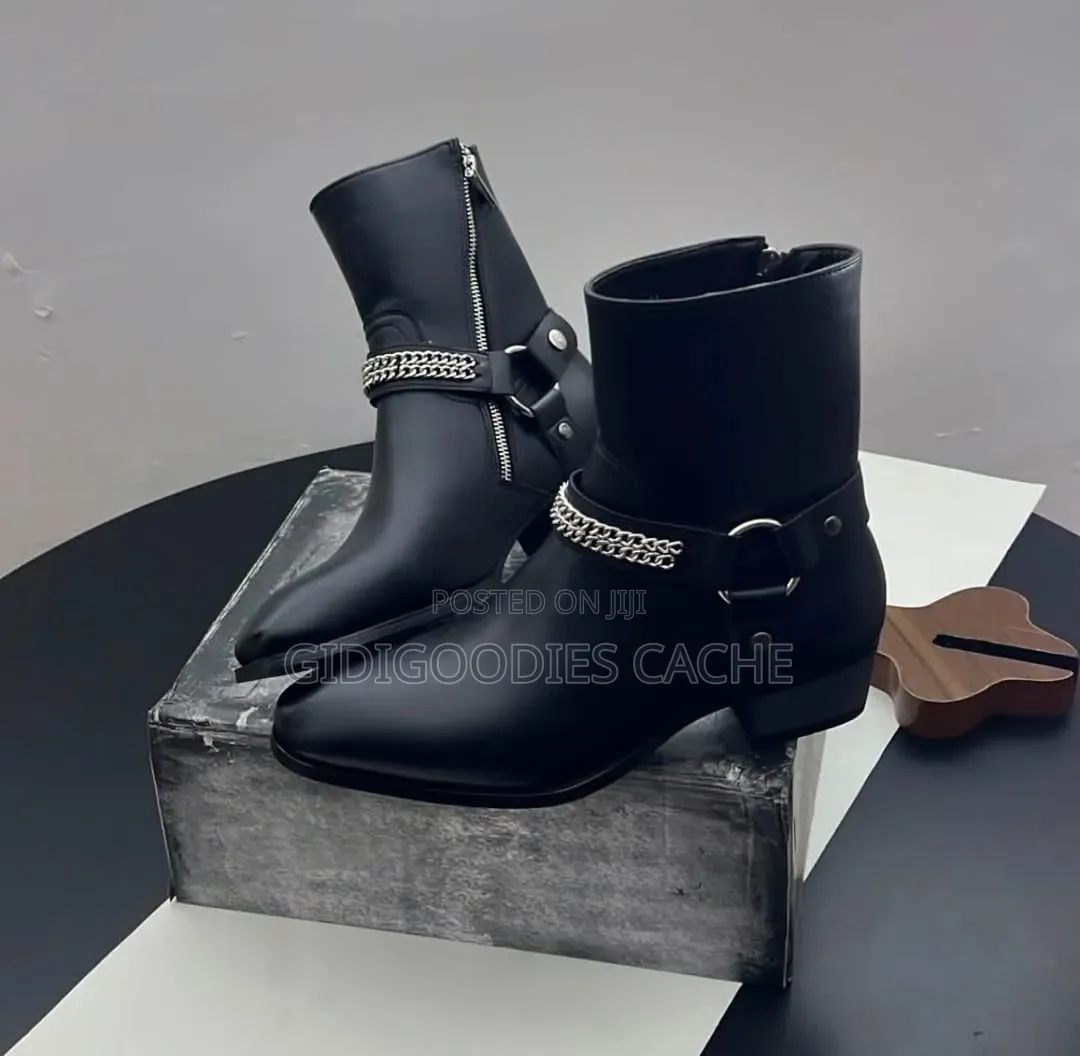 Men's Black Leather Chain Harness Ankle Boot in Size 40-46
