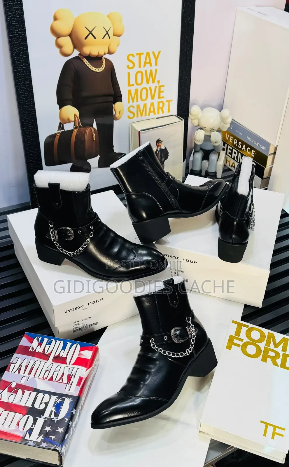Men's Black Leather Chain Harness Ankle Boot in Size 40-46