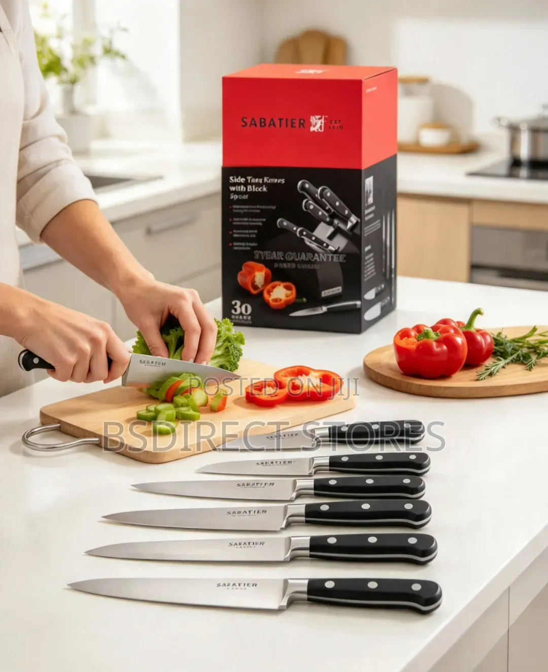 Sabatier Five Piece Side Tang Knife Set. Matt Black Wood Storage Block