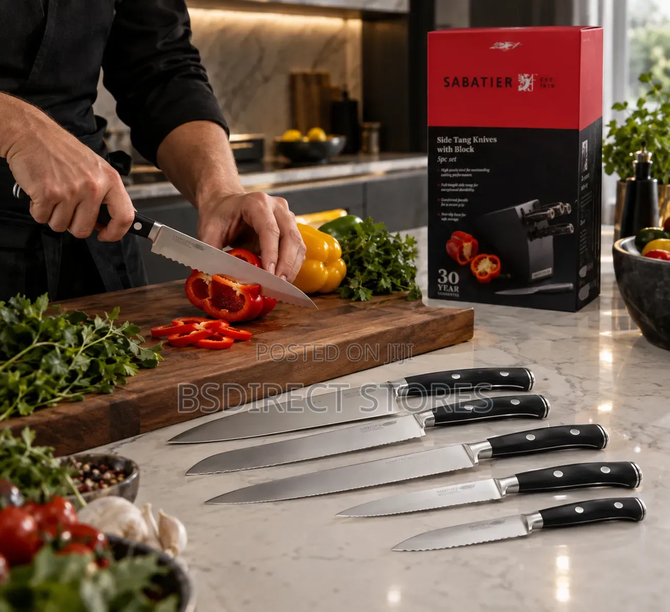 Sabatier Five Piece Side Tang Knife Set. Matt Black Wood Storage Block