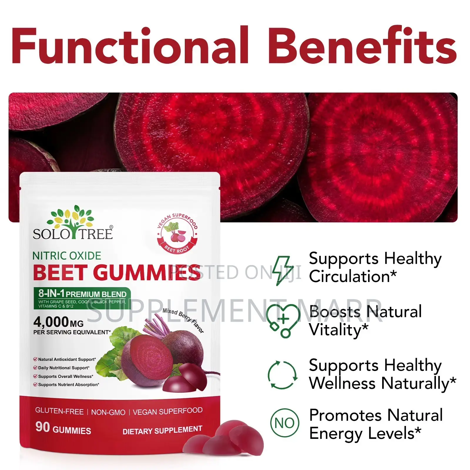 Nitric Oxide Beet Gummies 8-in-1 Blend - Grape, COQ10, Black Pepper
