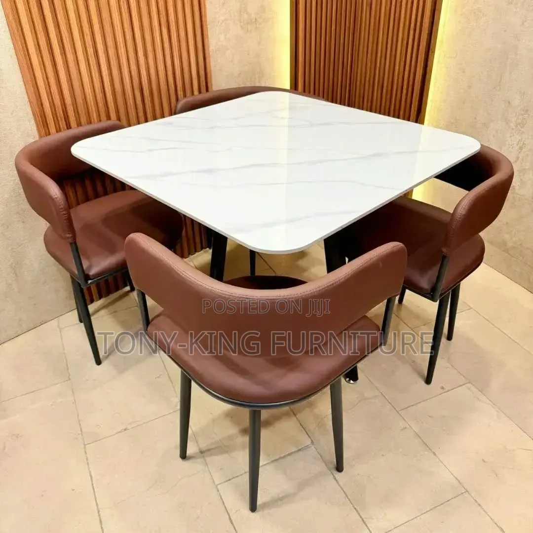 Imported Modern Square White Marble Top Dining Table Set.