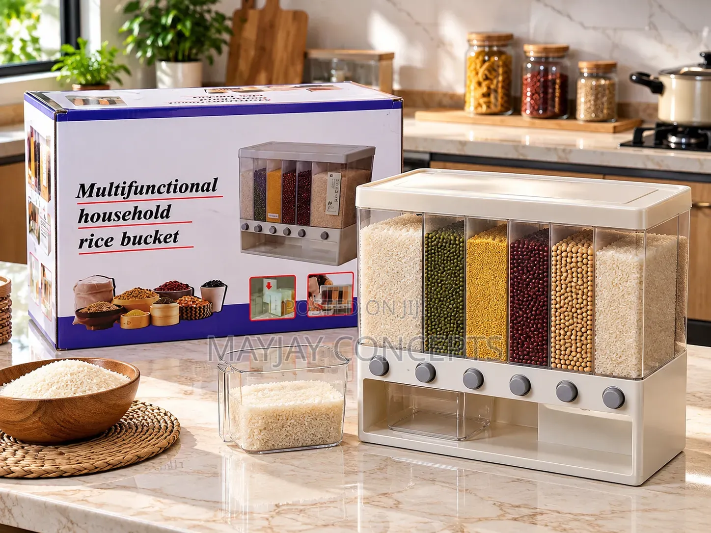Multifunctional Grain Dispener With Transparent Storage Compartments