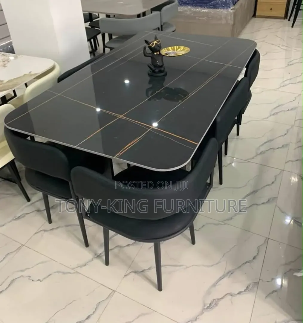 Contemporary 6-Seater Black Marble-Top Dining Table Set
