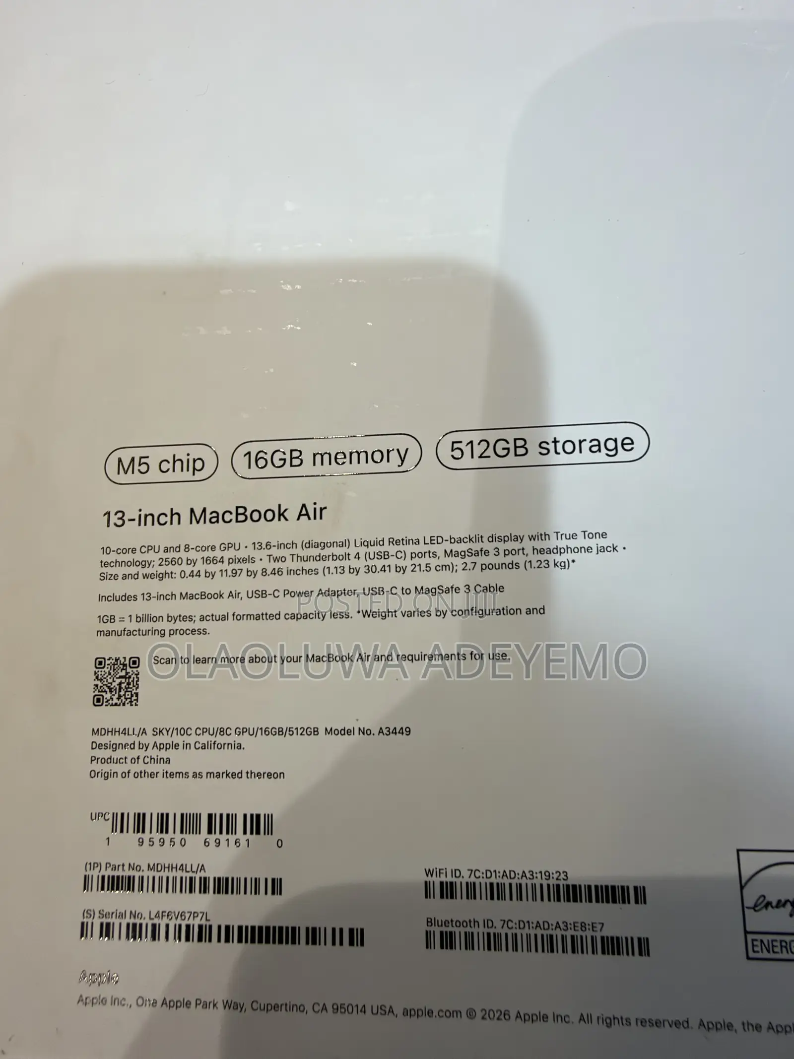 New Laptop Apple MacBook Air 2026 M5 16GB Apple M5 SSD 512GB