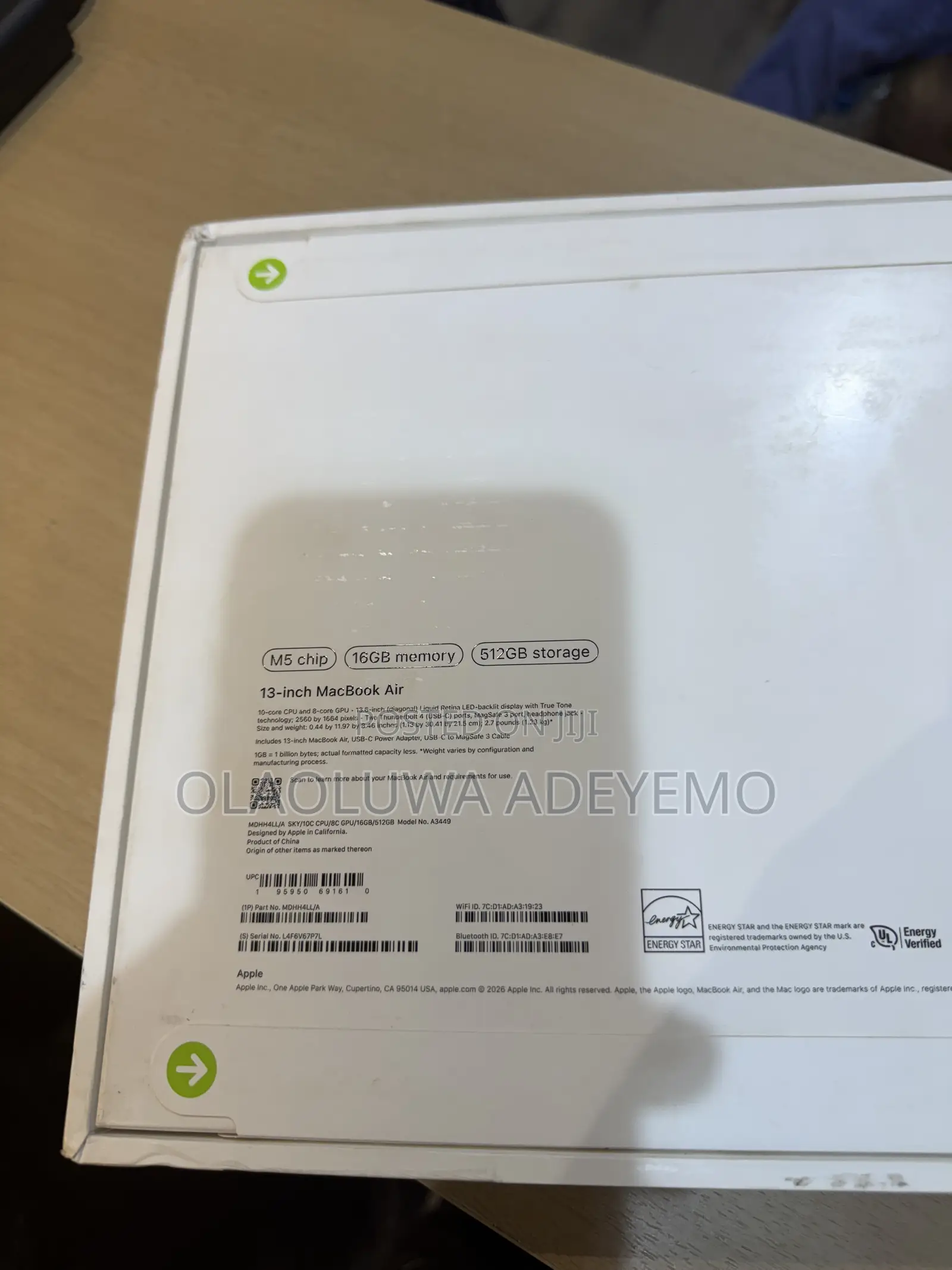 New Laptop Apple MacBook Air 2026 M5 16GB Apple M5 SSD 512GB
