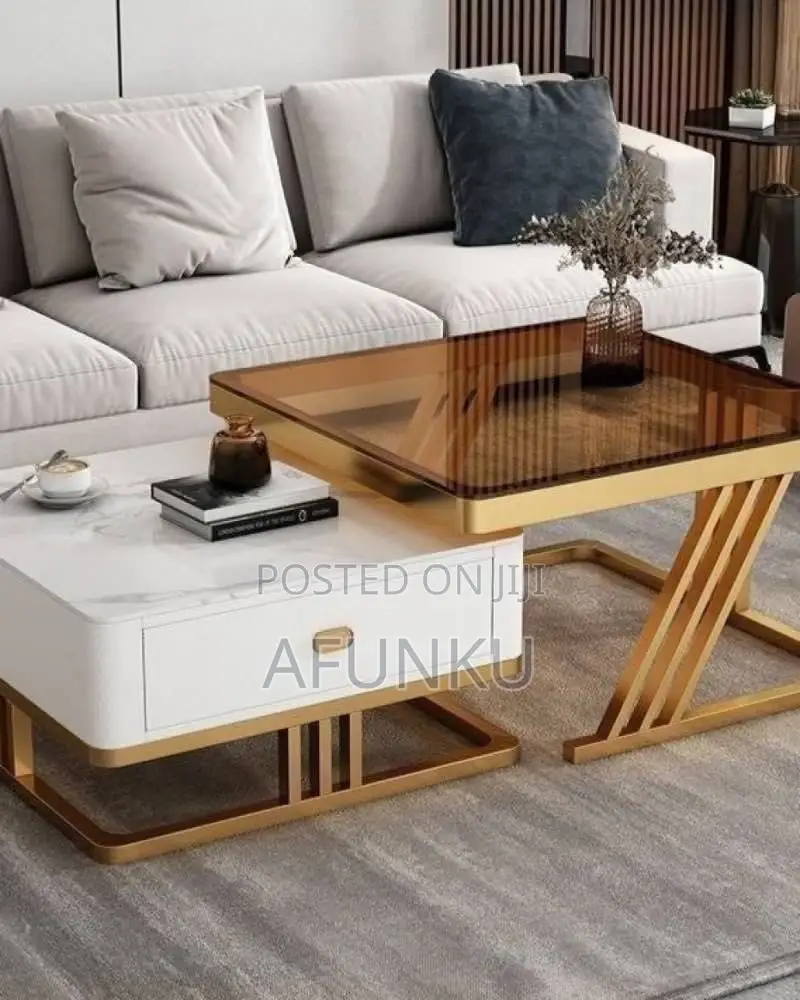 2 in 1 Marble Glass Twin Center Table With Drawer